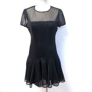 DKNY‎ Mesh Pleated Dress Womens 10 Black Short Sleeve Sheer Yoke Whimsigoth